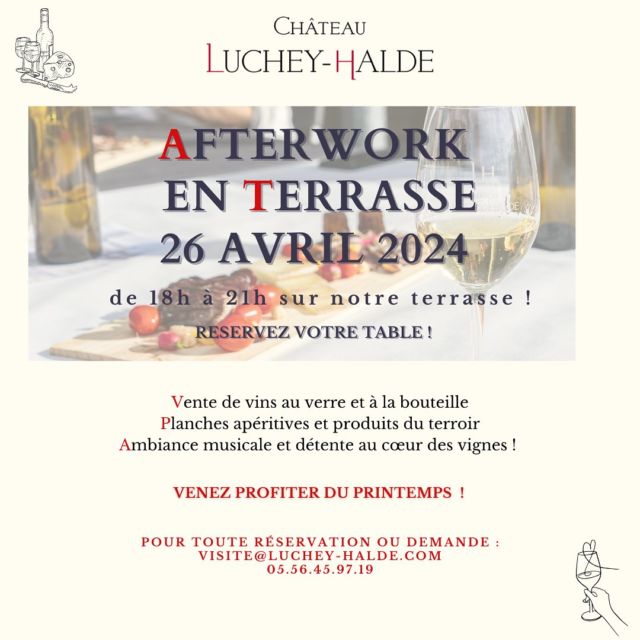 🥳 C’est le grand retour des afterworks ! 🍷

Venez profiter du beau temps sur notre terrasse, on n’imagine pas de meilleure fin de semaine 😎 
Top départ dans 15 jours, pensez à réserver ! 

🥳 The afterworks are back! 🍷

Enjoy the sun on our terrace, could you imagine a better way to end the week? 😎
Go-ahead in 15 days, remember to book! 

#chateaulucheyhalde #pessacleognan #vinsdebordeaux #bordeauxwine #afterwork #printemps #bordeauxlocal
