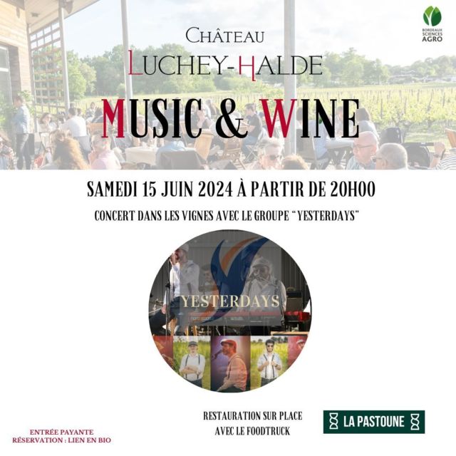 Toute l’équipe du Château est heureuse de vous convier au premier concert de la saison 2024 : Music & Wine qui aura lieu ce samedi à partir de 20h00 au cœur des vignes.

Au programme :
🎼20h30 : Concert de « Yesterdays », groupe pop/soul, qui revisite des classiques d’hier et d’aujourd’hui.
🍷Vente de vins rouges et blancs au verre et à la bouteille
🍽️ Restauration sur place avec le foodtruck La Pastoune qui vous servira des pâtes artisanales, faites à partir d’ingrédients locaux. 

L’équipe du Château vous attend avec impatience !

Pour le bon déroulement de l’événement, merci de réserver votre table via le lien en bio. 

#aperotime #aperoentreamis #concertdanslesvignes #bordeauxmetropole #merignacmaville #aucoeurdesvignes #vinsdebordeaux #degustation