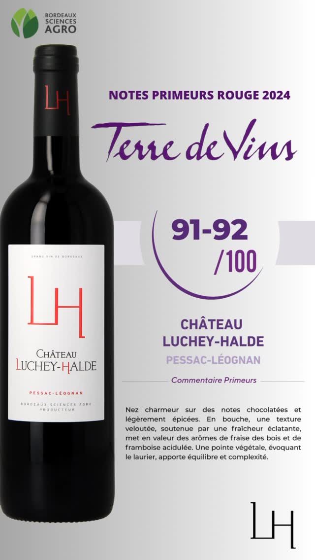 🍇 Une belle note pour nos primeurs 2024 ! ✨

Bravo à Pierre Darriet, Camille Pereira Dias et leurs équipes pour avoir réussi à extraire le meilleur de nos vignes ! 🍇
Un grand merci à @terredevins_officiel ! 🍷
Vous souhaitez acheter ce beau millésime ? Pas de problème, les ventes primeurs sont ouvertes !
Pour plus d’informations, contactez le Château par 
📧 commande@luchey-halde.com
📞 05 56 45 97 19 
#pessacleognan #vinsdebordeaux #chateaulucheyhalde #bordeauxsciencesagro #bordeauxmetropole #degustation #ventes #primeurs2024 #millésime2024😍👏🍇🍇🍇 

« L’abus d’alcool est dangereux pour la santé, à consommer avec modération »